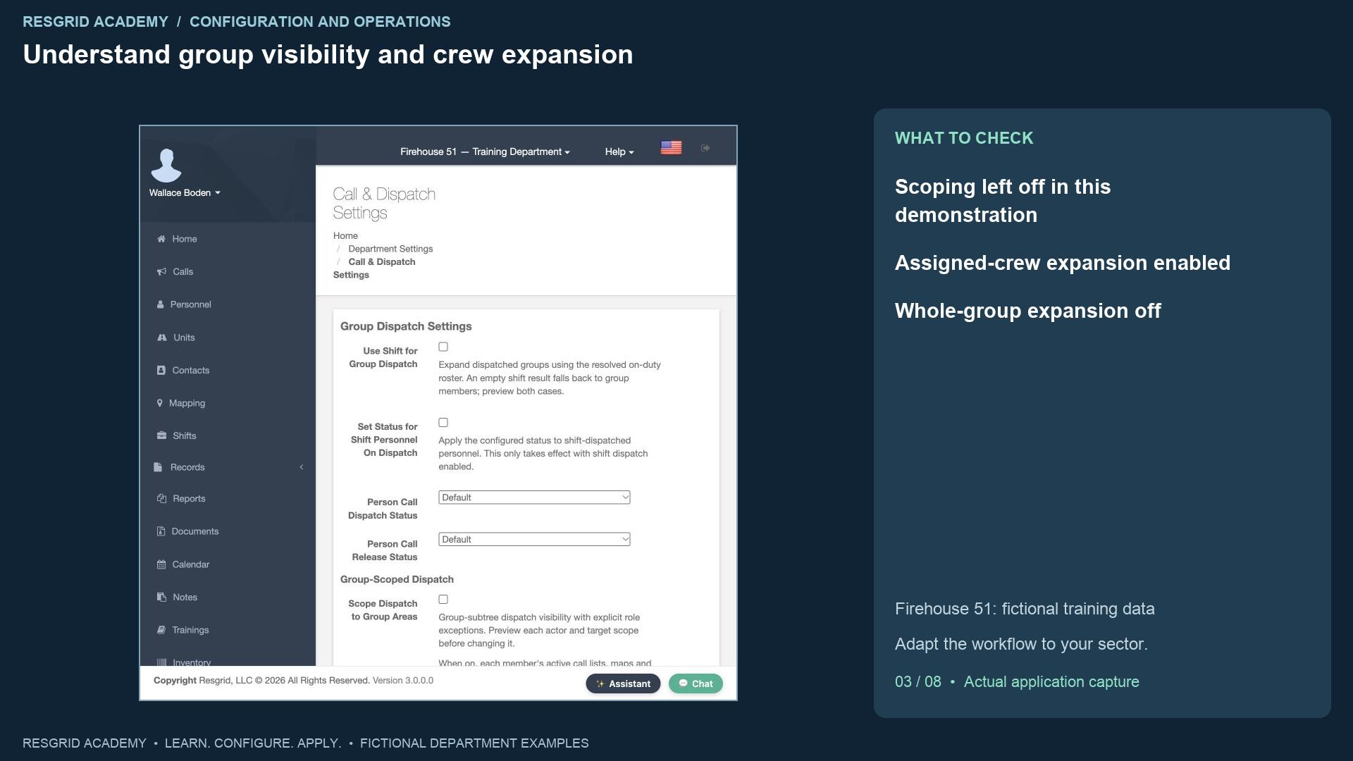 Resgrid screen: Understand group visibility and crew expansion