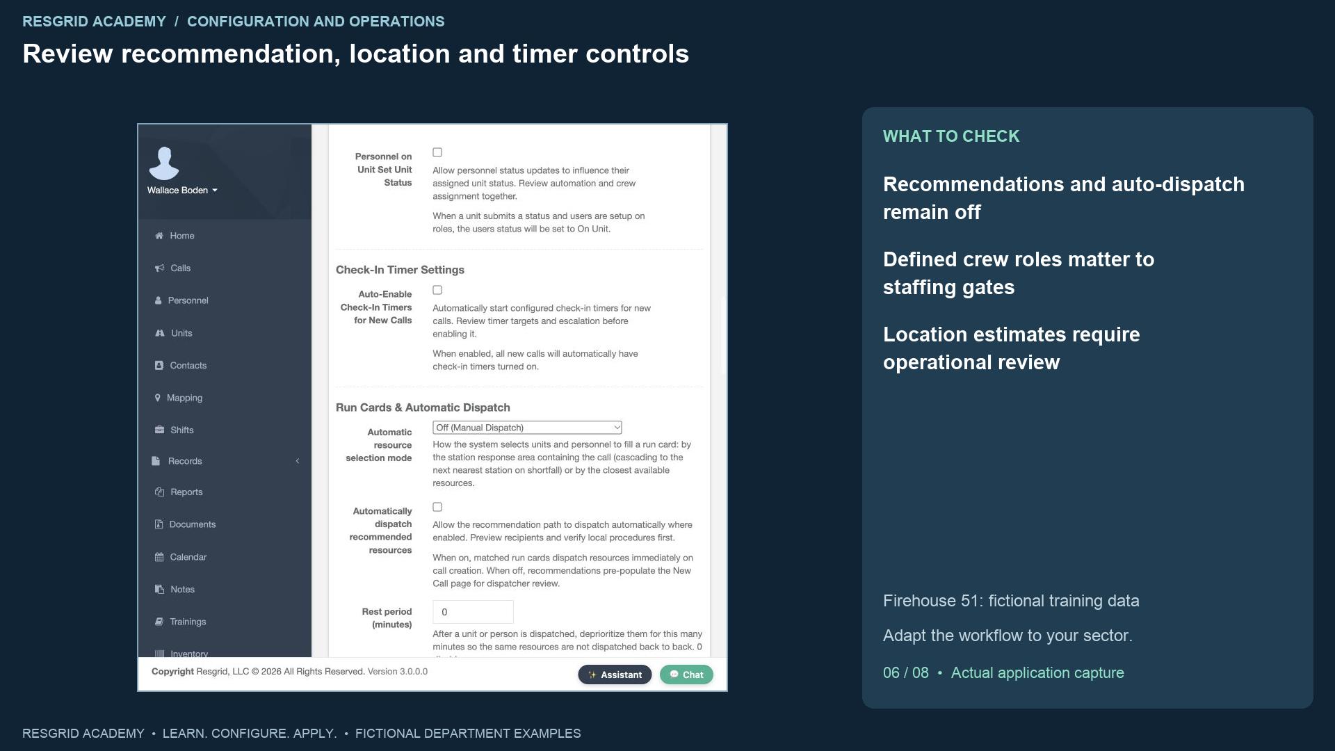 Resgrid screen: Review recommendation, location and timer controls