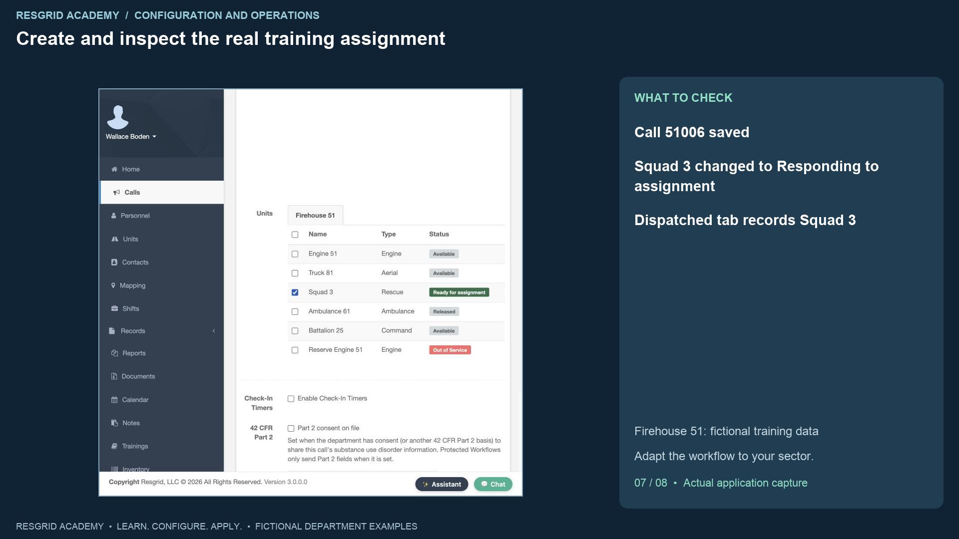 Resgrid screen: Create and inspect the real training assignment