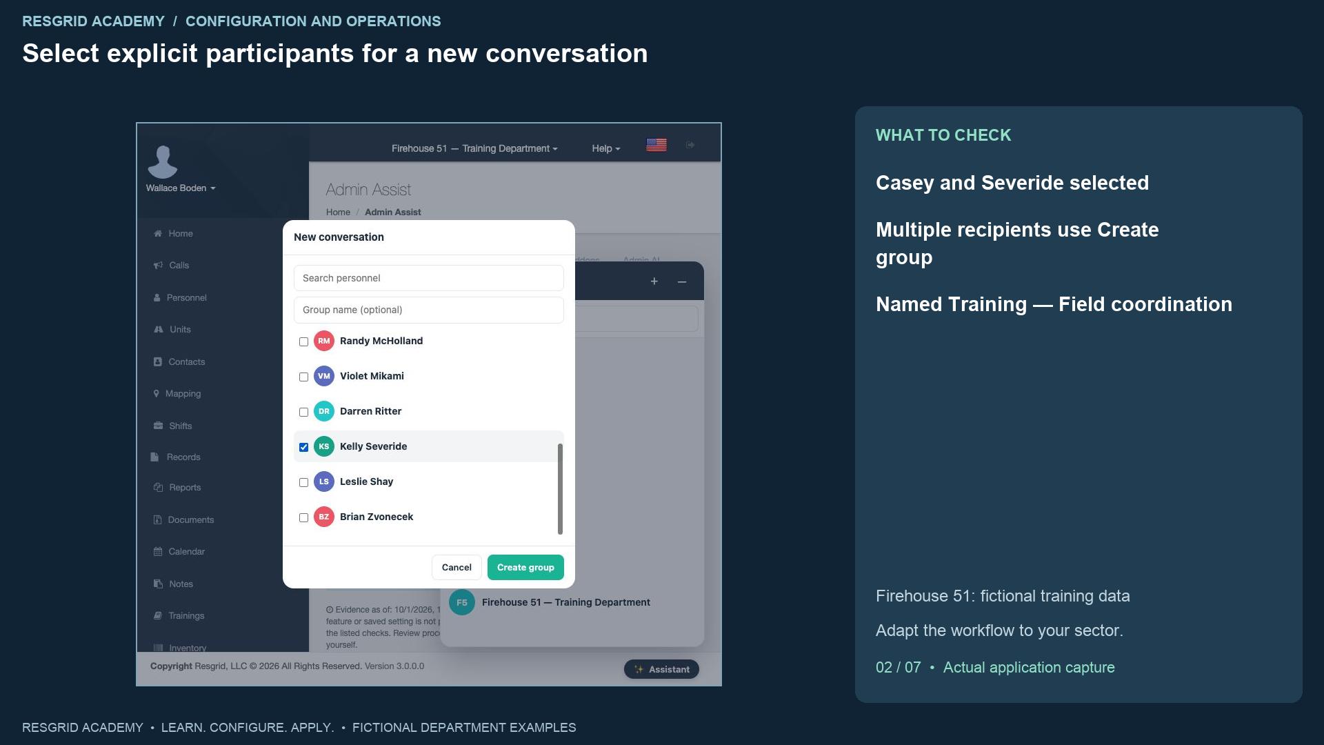 Resgrid screen: Select explicit participants for a new conversation