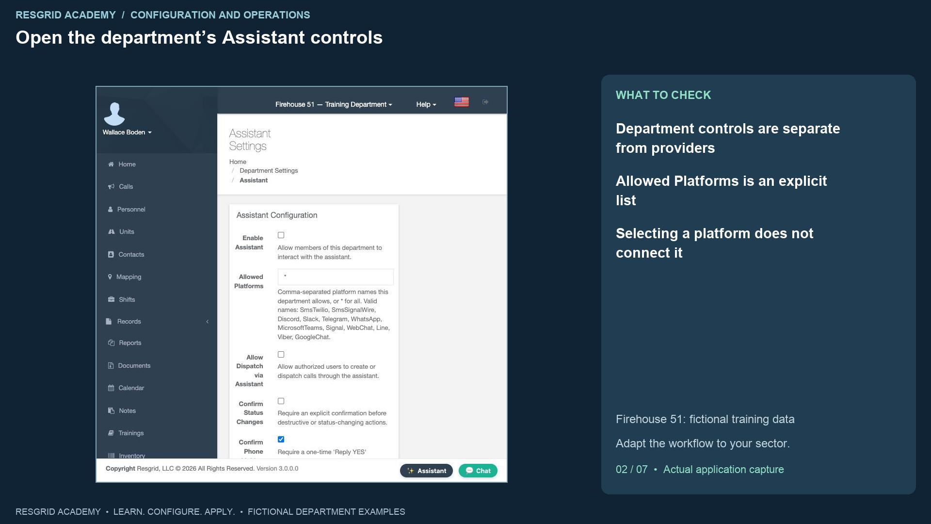 Resgrid screen: Open the department’s Assistant controls