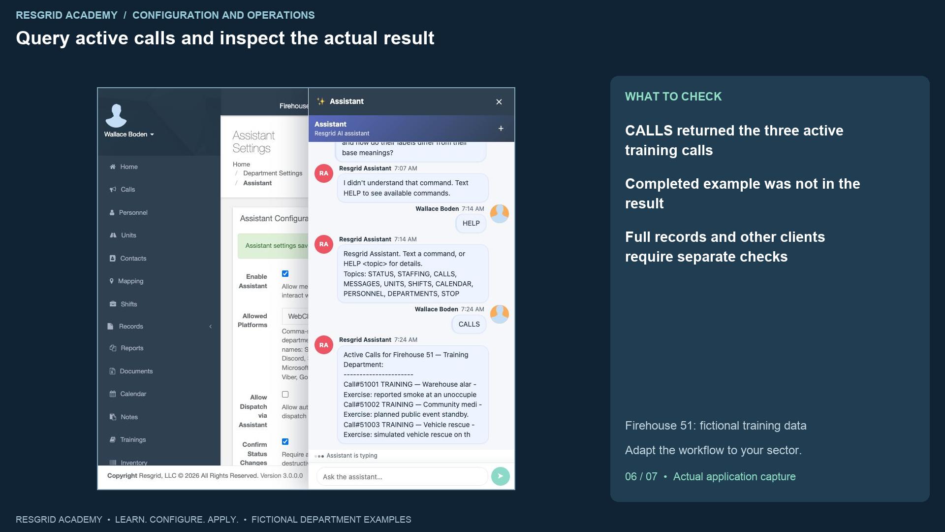 Resgrid screen: Query active calls and inspect the actual result