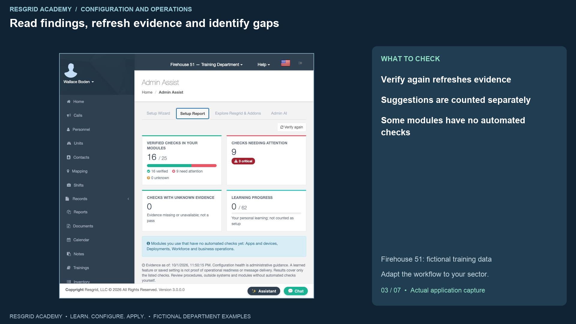 Resgrid screen: Read findings, refresh evidence and identify gaps