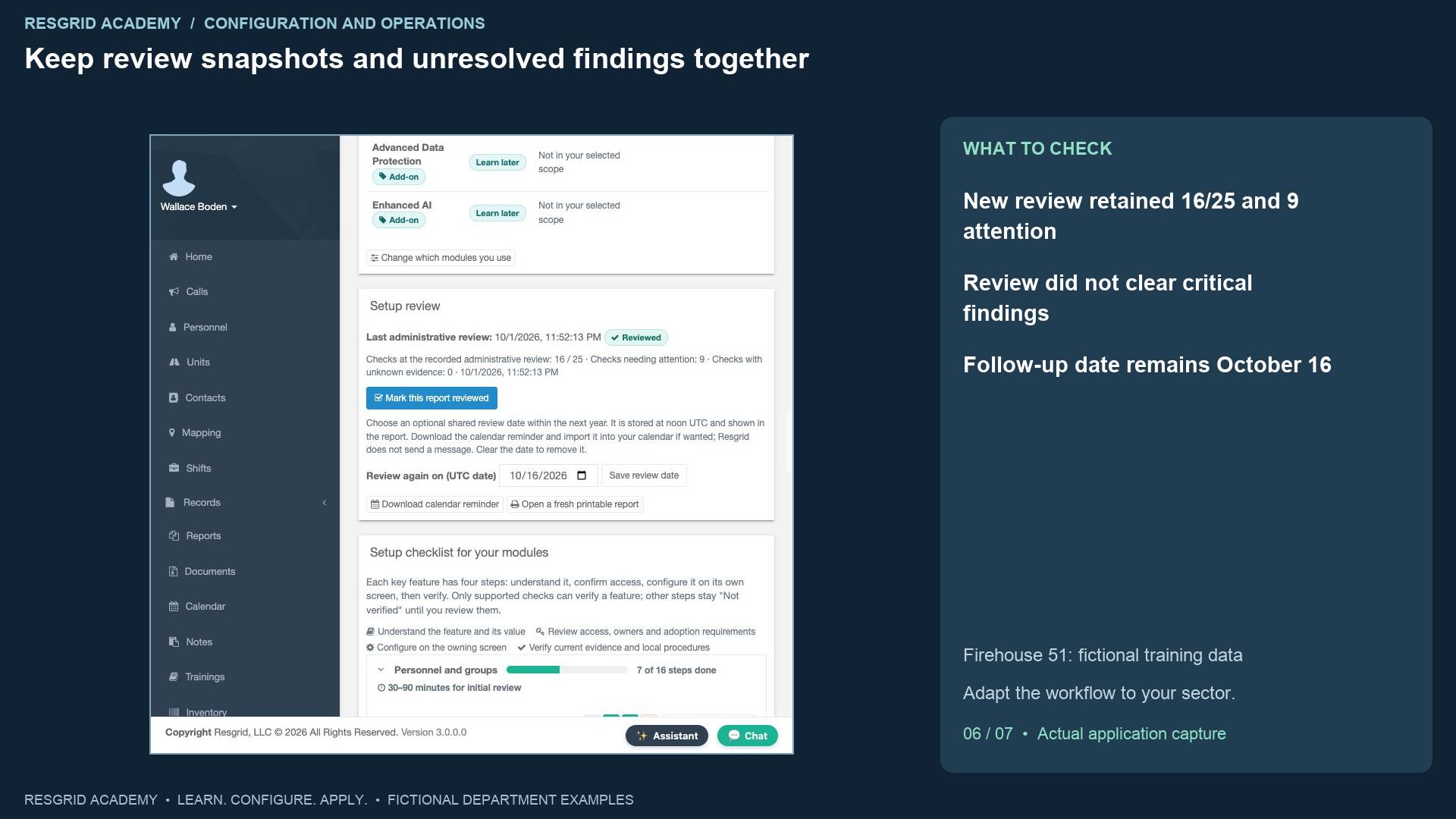 Resgrid screen: Keep review snapshots and unresolved findings together